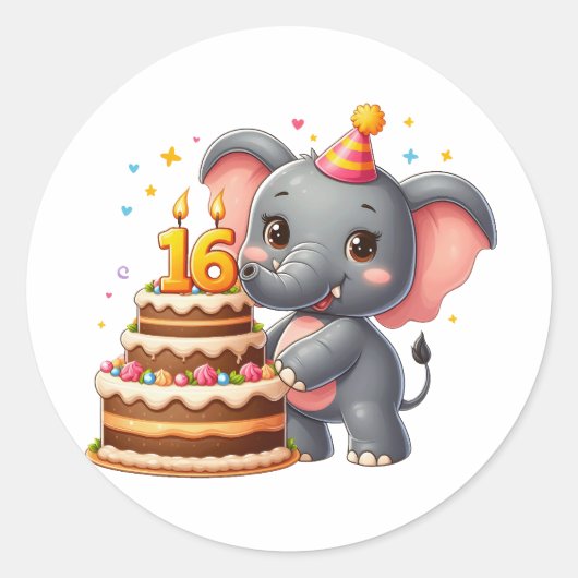 可愛い象の16歳の誕生日 ラウンドシール (正面)