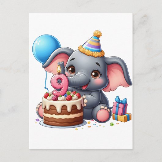 可愛い象の9歳の誕生日 シーズンポストカード (正面)