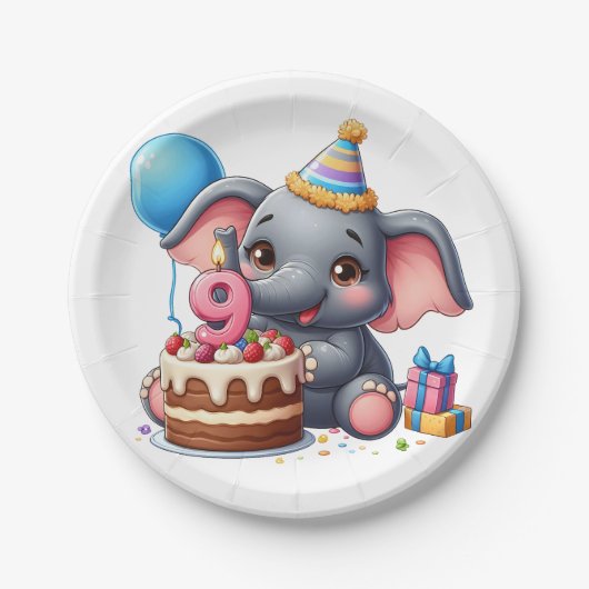 可愛い象の9歳の誕生日 ペーパープレート (正面)