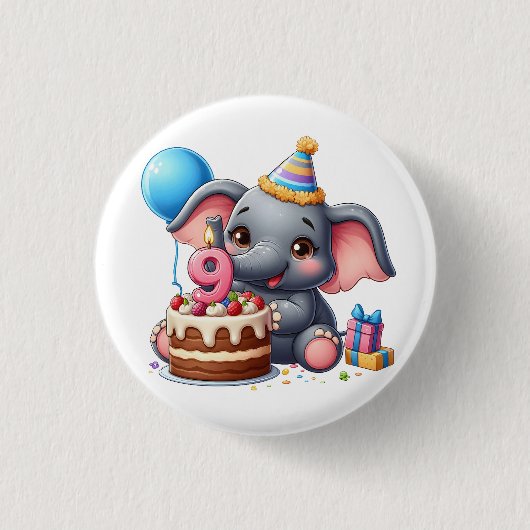 可愛い象の9歳の誕生日 缶バッジ (正面)