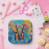 可愛い象カラフルファンキー混合メディア動物 ペーパープレート (パーティー)