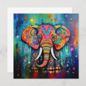 可愛い象カラフルファンキー混合メディア動物 招待状 (正面/裏面)
