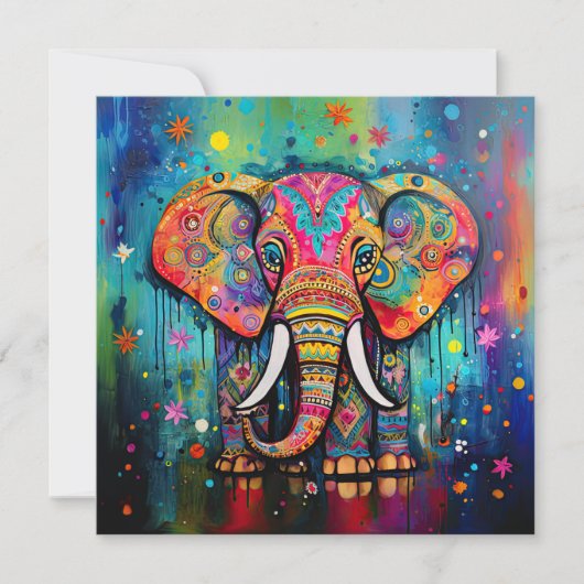 可愛い象カラフルファンキー混合メディア動物 招待状 (正面)