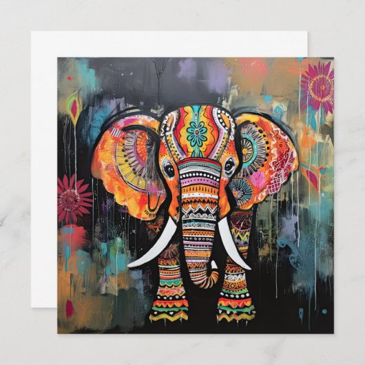 可愛い象カラフルファンキー混合メディア動物 招待状 (正面/裏面)