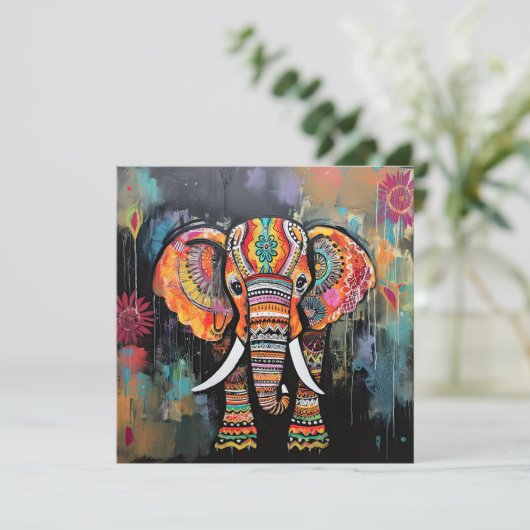 可愛い象カラフルファンキー混合メディア動物 招待状 (スタンド正面)