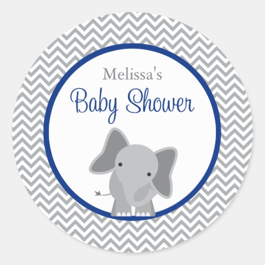 可愛い象シェブロン海軍ブルーベビーシャワー ラウンドシール (正面)