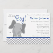 可愛い象シェブロン海軍ブルーベビーシャワー 招待状 (正面)