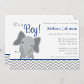 可愛い象シェブロン海軍ブルーベビーシャワー 招待状 (正面/裏面)