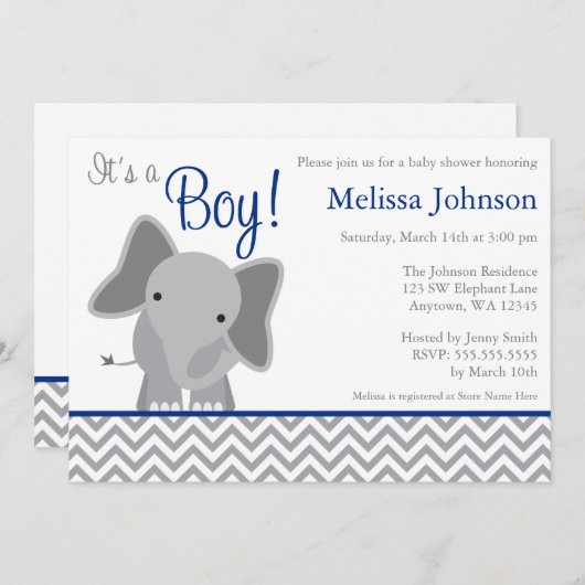 可愛い象シェブロン海軍ブルーベビーシャワー 招待状 (正面/裏面)