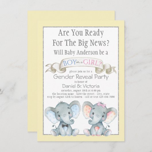 可愛い象ジェンダーが赤ちゃんシャワー招待状 招待状 (正面/裏面)