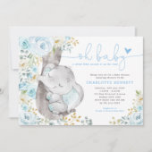 可愛い象ソフトブルーフローラ男の子ベイビーシャワー 招待状 (正面)