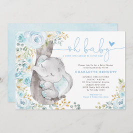 可愛い象ソフトブルーフローラ男の子ベイビーシャワー 招待状