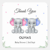 可愛い象ツイン女の子の男の子シャワーありがとう スクエアシール (正面)