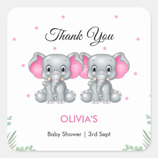 可愛い象ツイン女の子ベビーシャワーありがとう スクエアシール (正面)