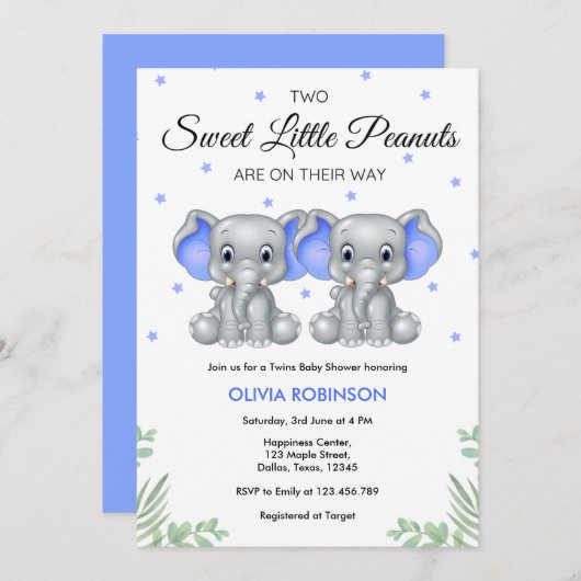 可愛い象ブルーツイン男の子の赤ちゃんシャワー 招待状 (正面/裏面)