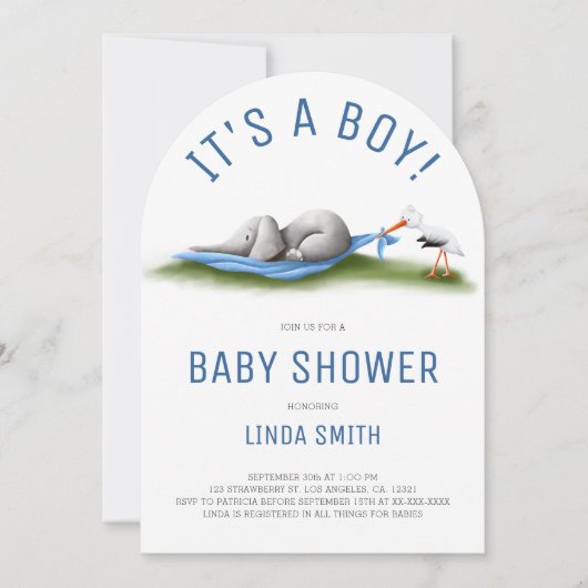 可愛い象ブルーボーイベビーシャワーアーチ 招待状 (正面)