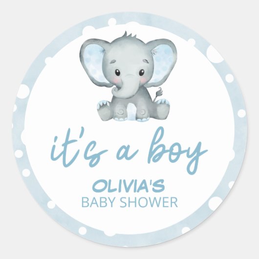 可愛い象ブルー男の子の赤ちゃんシャワー ラウンドシール (正面)