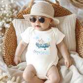 可愛い象ブルー飛行機ワンバースデーコーディネート ベビーボディスーツ