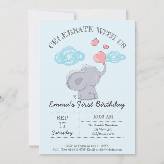 可愛い象吹のハートの泡誕生日 招待状 (正面)