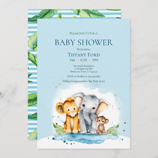可愛い象、ライオン、サルのジャングル赤ちゃんシャワー 招待状 (正面/裏面)
