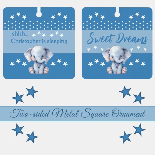 可愛い象shhh追加の名前が青く眠っている メタルオーナメント