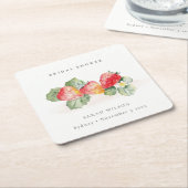 可愛い赤いちご葉ブライダルシャワー スクエアペーパーコースター (アングル)