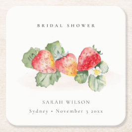 可愛い赤いちご葉ブライダルシャワー スクエアペーパーコースター