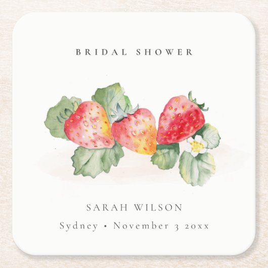 可愛い赤いちご葉ブライダルシャワー スクエアペーパーコースター (正面)