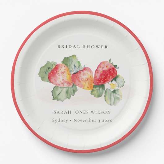 可愛い赤いちご葉ブライダルシャワー ペーパープレート (正面)