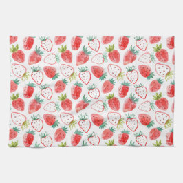 可愛い赤いちご離れ緑 キッチンタオル