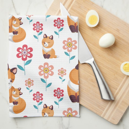可愛い赤いキツネの母とベビー母の日 キッチンタオル (四つ折り)
