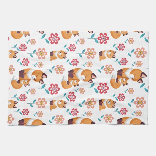 可愛い赤いキツネの母とベビー母の日 キッチンタオル (横)