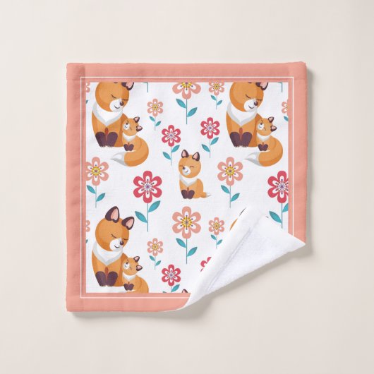 可愛い赤いキツネの母縁どとベビーの母の日 バスタオルセット (ウォッシュタオル)