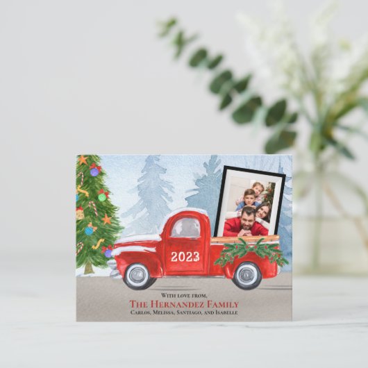 可愛い赤いクリスマストラックの数々の写真 シーズンカード (スタンド正面)