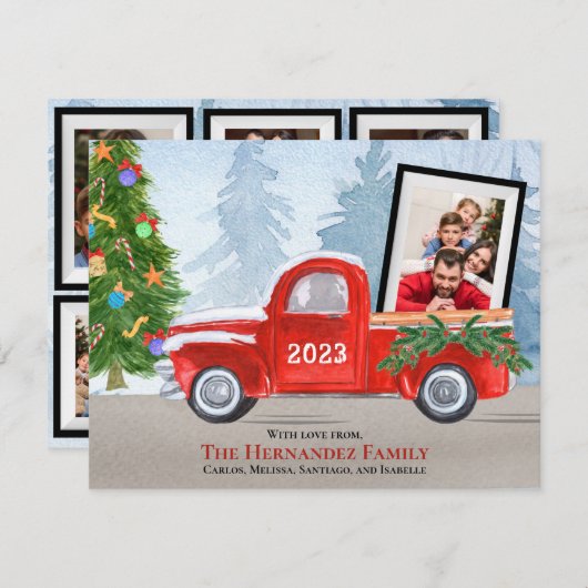 可愛い赤いクリスマストラックの数々の写真 シーズンカード (正面/裏面)