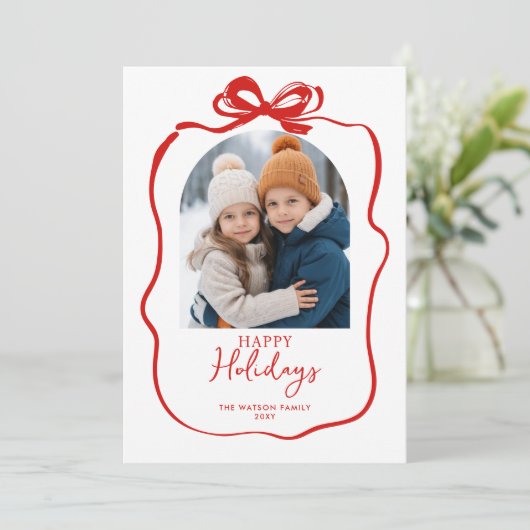 可愛い赤いクリスマス4写真手描きリボン シーズンカード (スタンド正面)
