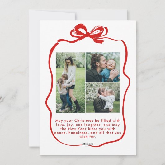 可愛い赤いクリスマス4写真手描きリボン シーズンカード (裏面)