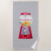 可愛い赤いグンボールマシンヴィンテージバブルガムストライプの ビーチタオル (正面)