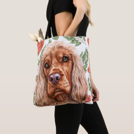 可愛い赤いスパニエル犬とバラ花柄 トートバッグ