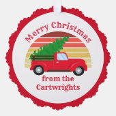 可愛い赤いトラックのクリスマスツリーカスタマイズ可能な贈り物 オーナメントカード (正面)
