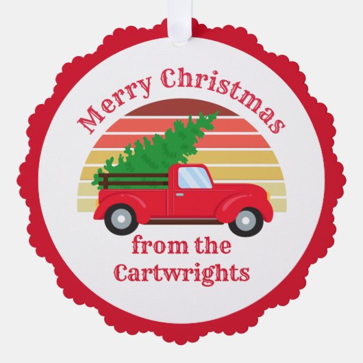可愛い赤いトラックのクリスマスツリーカスタマイズ可能な贈り物 オーナメントカード (正面)