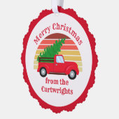 可愛い赤いトラックのクリスマスツリーカスタマイズ可能な贈り物 オーナメントカード (左)
