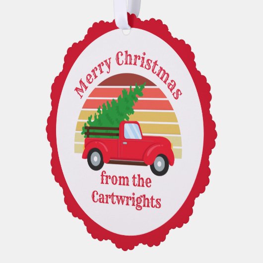 可愛い赤いトラックのクリスマスツリーカスタマイズ可能な贈り物 オーナメントカード (左)