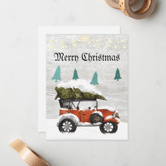 可愛い赤いトラック白い風化された木の木クリスマス ノートカード (正面/裏面インサイチュ)
