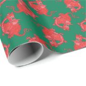 可愛い赤いドラゴンズのダークグリーンのラッピング紙 ラッピングペーパー (ロールコーナー)