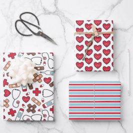 可愛い赤いナースドクターメディカルパターン ラッピングペーパーシート