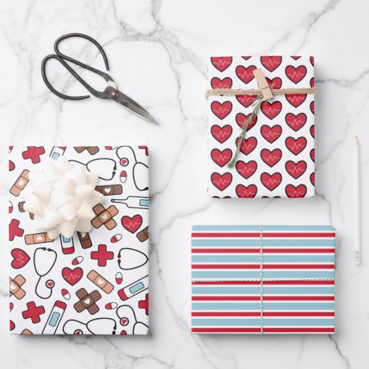 可愛い赤いナースドクターメディカルパターン ラッピングペーパーシート (正面)