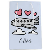 可愛い赤いハートと白い雲の飛行機 ミディアムペーパーバッグ (正面)