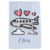 可愛い赤いハートと白い雲の飛行機 ミディアムペーパーバッグ (裏面)