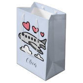 可愛い赤いハートと白い雲の飛行機 ミディアムペーパーバッグ (裏面アングル)